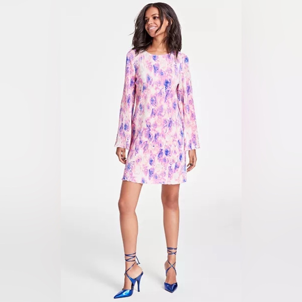 Bar III Womens Printed Crinkled Mini Dress pink purple tye-dye disco long sleeve
